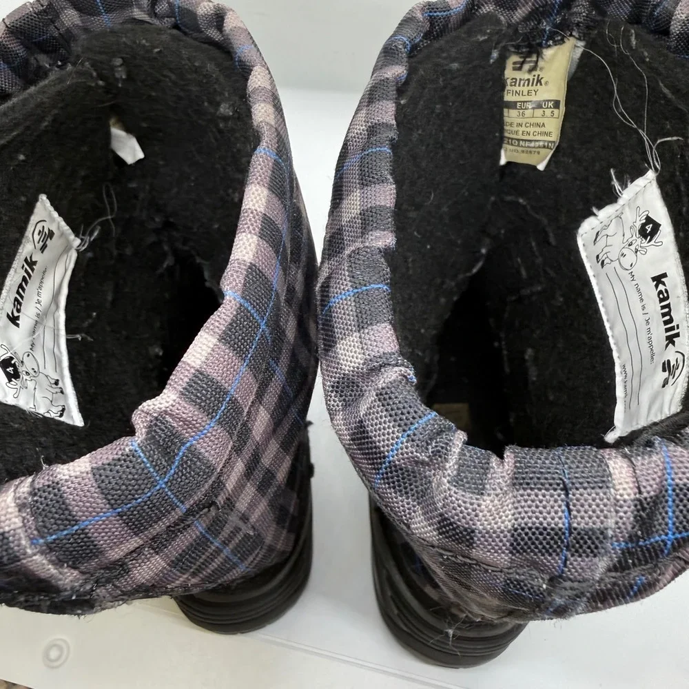 Kamik Finley Kids Snow Boots Grey Blue Plaid Waterproof Insulated Size 4